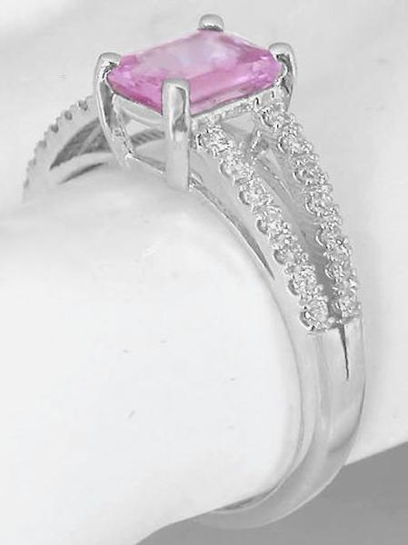 Fine Emerald Cut Pink Sapphire and Diamond Ring in 14k white gold