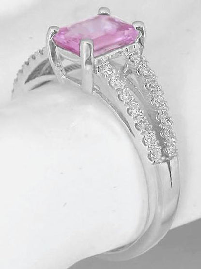 Fine Emerald Cut Pink Sapphire and Diamond Ring in 14k white gold
