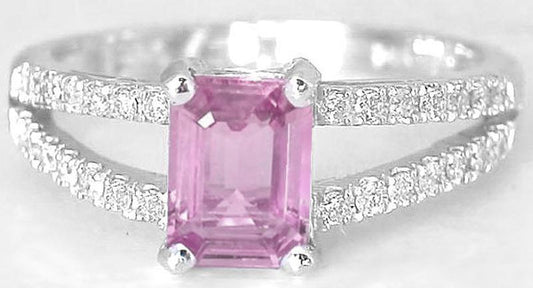 Split Shank 1.21 ctw Emerald Cut Pink Sapphire and Diamond Ring in 14k white gold