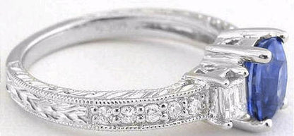 Natural Blue Sapphire and Baguette Diamond Three Stone Engagement Ring in 14k white gold