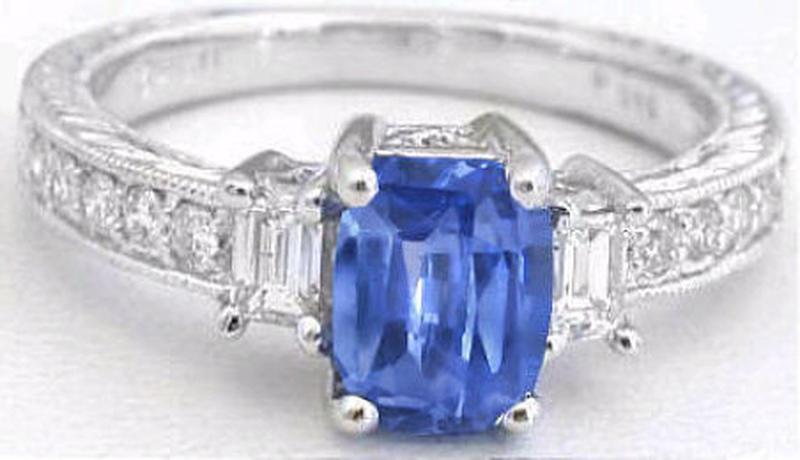 Cushion Cut Natural Blue Sapphire and Baguette Diamond Three Stone Ring in 14k white gold