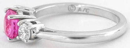Natural Round Pink Sapphire Three Stone Round Diamond Engagement Ring in 14k white gold