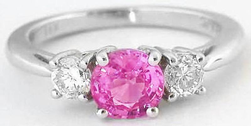 Natural Round Pink Sapphire Three Stone Diamond Engagement Ring in 14k white gold