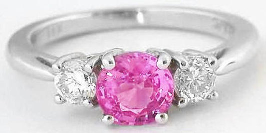 Natural Round Pink Sapphire Three Stone Diamond Engagement Ring in 14k white gold