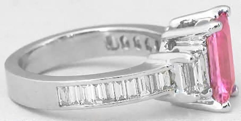 Large Baguette Diamond and Channel Set Baguette Diamond Mounting with Emerald Cut Pink Sapphire in 14k white gold
