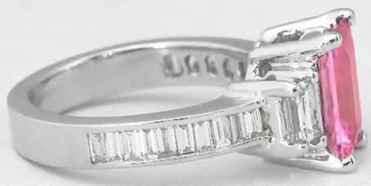 Large Baguette Diamond and Channel Set Baguette Diamond Mounting with Emerald Cut Pink Sapphire in 14k white gold