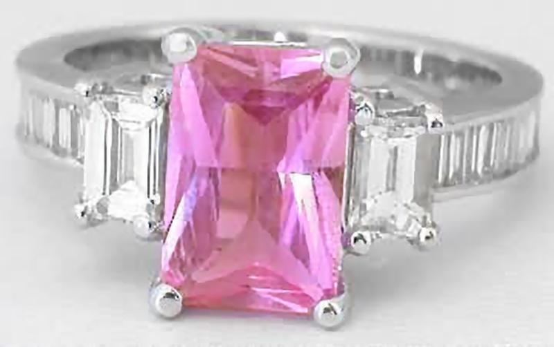 Natural Radiant Cut 2.05 carat Pink Sapphire and Large Baguette Diamond Ring in 14k white gold