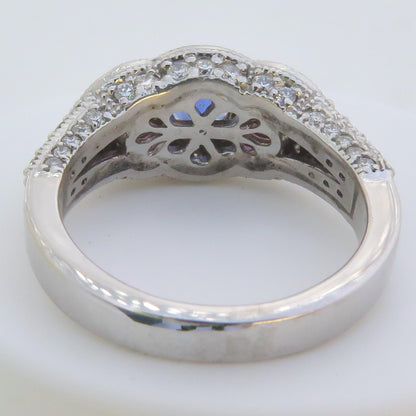 back view showing floral gallery of sapphire ring
