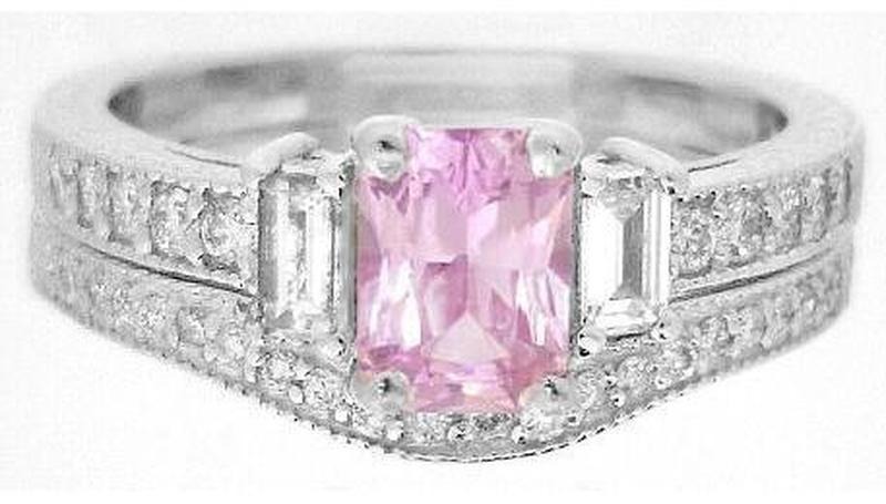 Radiant Cut Light Pink Sapphire and Diamond Engagement Ring and Band