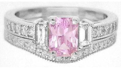 Radiant Cut Light Pink Sapphire and Diamond Engagement Ring and Band