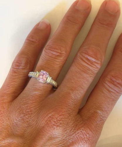 Radiant Cut Pink Light Sapphire Ring with Baguette Diamonds in 14k white gold