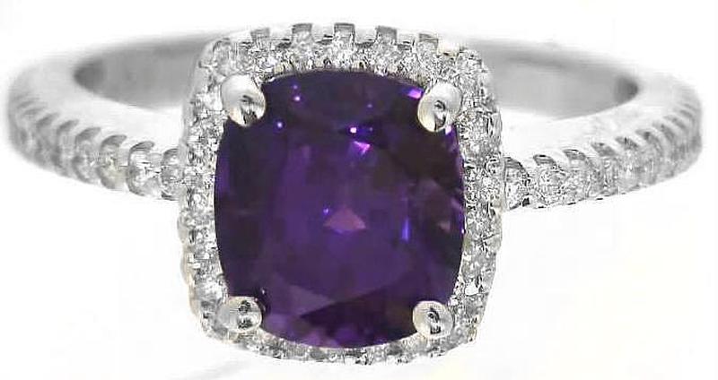 Natural Cushion Cut Purple Sapphire and Delicate Diamond Halo Ring in 14k white gold