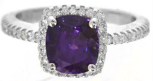 Natural Cushion Cut Purple Sapphire and Delicate Diamond Halo Ring in 14k white gold
