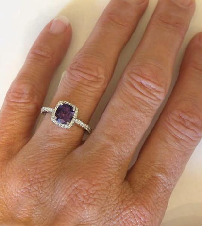 Natural Genuine Regal Royal Purple Sapphire and Diamond Halo Engagement Ring in 14k white gold