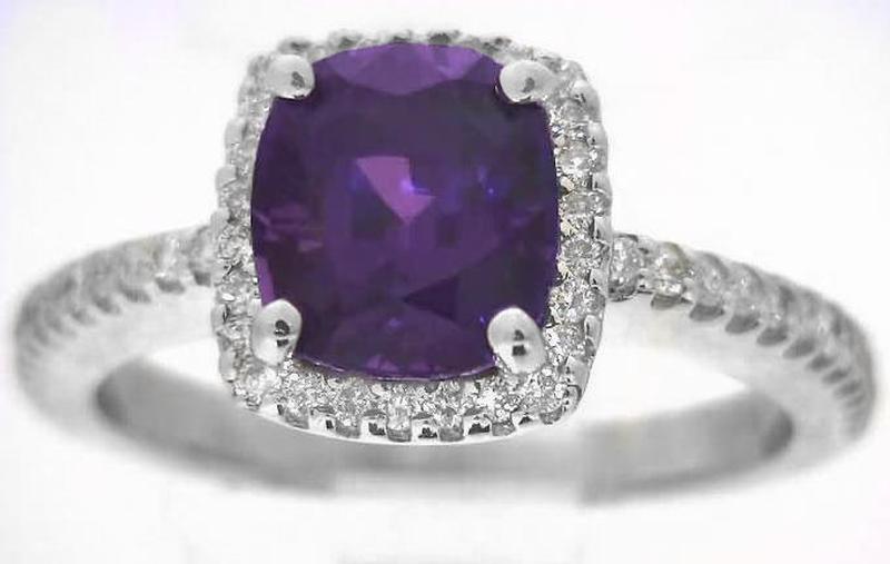 One of a Kind Fine Quality Cushion Cut Purple Sapphire and Diamond Ring in 14k white gold