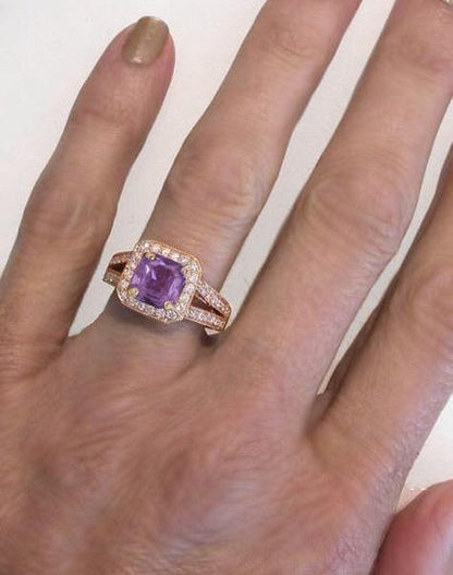 Genuine Square Cut Magenta Sapphire and Round Diamond Halo Ring in 14k Rose Gold