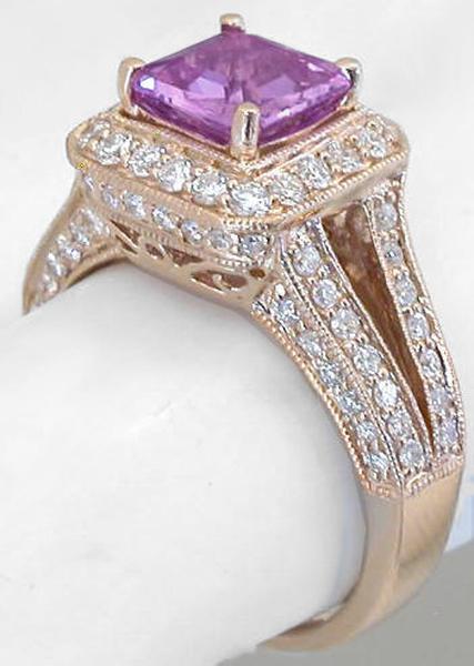 Diamond Encrusted Ring with Square Cut Natural Magenta Sapphire set in solid 14k Rose Gold