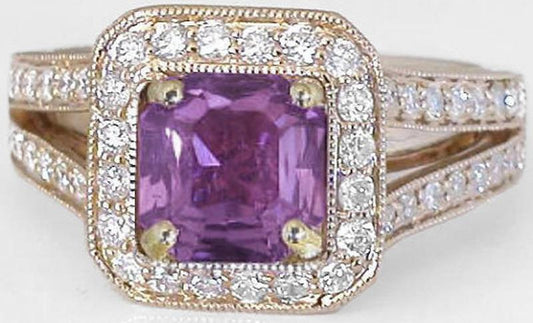 Genuine Square Cut Magenta Sapphire Engagement Ring with Split Shank in 14k Rose Gold