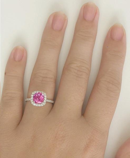 Cushion Cut Natural Bubble gum Pink Sapphire Engagement Ring with Real Diamond Halo in solid 14k white gold for sale