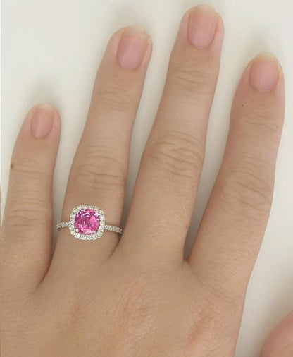 Cushion Cut Natural Bubble gum Pink Sapphire Engagement Ring with Real Diamond Halo in solid 14k white gold for sale