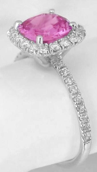 Natural Cushion Cut Pink Sapphire and Diamond Ring in 14k white gold