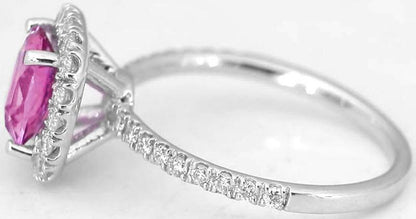 Cushion Cut Pink Sapphire and Diamond Halo Ring in 14k white gold