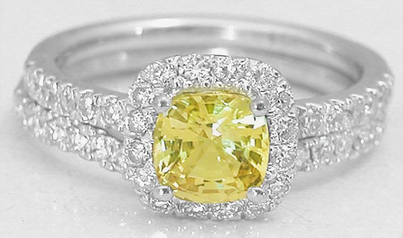 Cushion Yellow Sapphire and Diamond Engagement Ring Set in 14k white gold