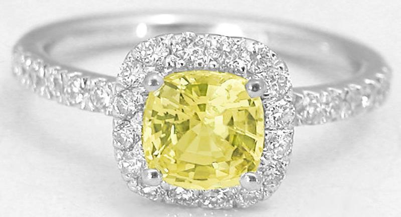 Cushion Natural Yellow Sapphire and Real Diamond Ring in 14k white gold