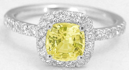Cushion Natural Yellow Sapphire and Real Diamond Ring in 14k white gold