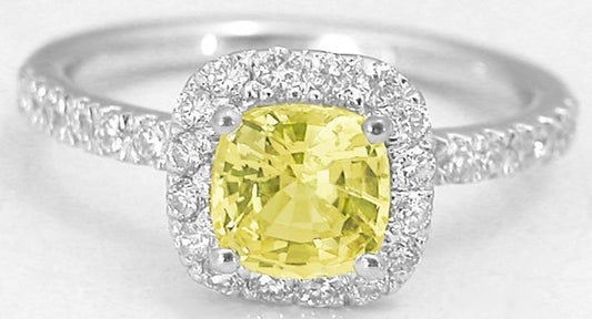 Cushion Natural Yellow Sapphire and Real Diamond Ring in 14k white gold