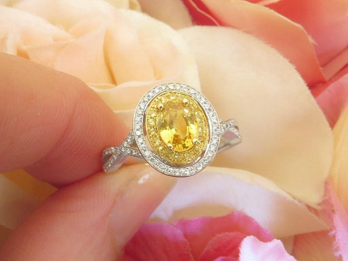 Bridal Set: 1.45 ctw Yellow Sapphire and Diamond Ring in 14k white and yellow gold with Matching 0.13 ctw Diamond Band in 14k White Gold