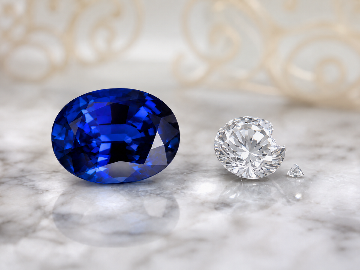 An oval-cut deep blue sapphire gemstone displayed next to a round brilliant-cut diamond and a tiny triangular diamond, set on a white marble surface with a soft-focus gold background.