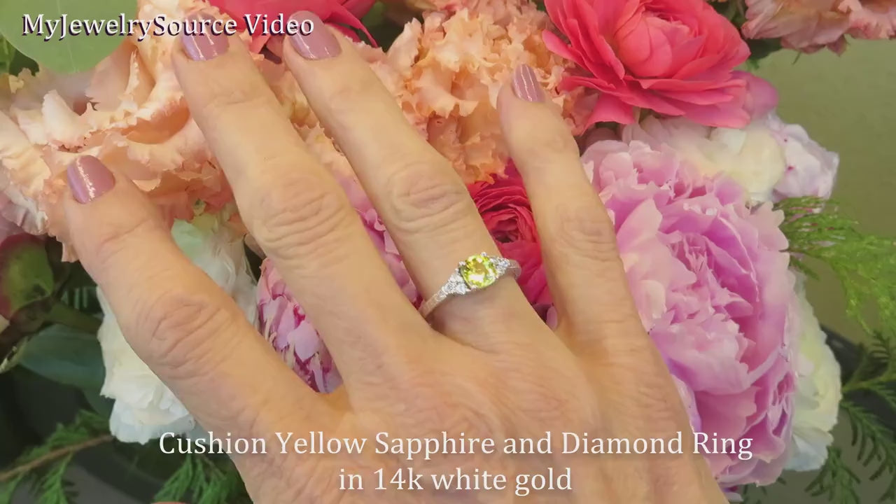 Cushion-Cut Natural Yellow Sapphire Ring with Diamonds and Woodstock