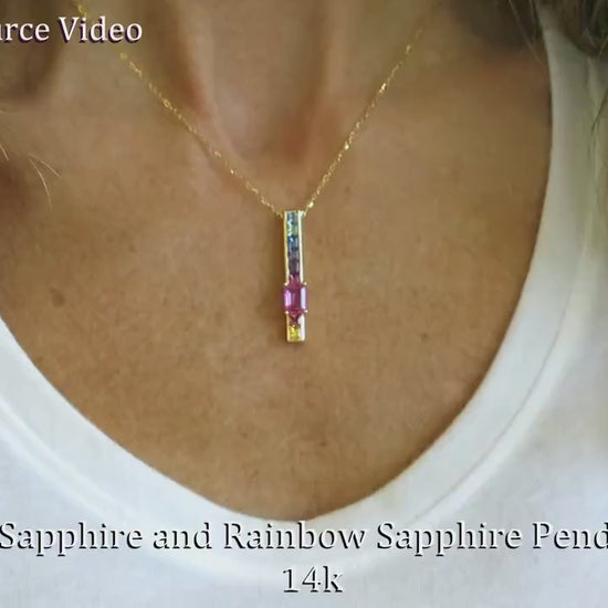 Natural Princess Cut Multicolor Rainbow Sapphire Line Stick Pendant in solid 14k yellow gold for sale (SSP-5025)