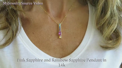 Natural Princess Cut Multicolor Rainbow Sapphire Line Stick Pendant in solid 14k yellow gold for sale (SSP-5025)