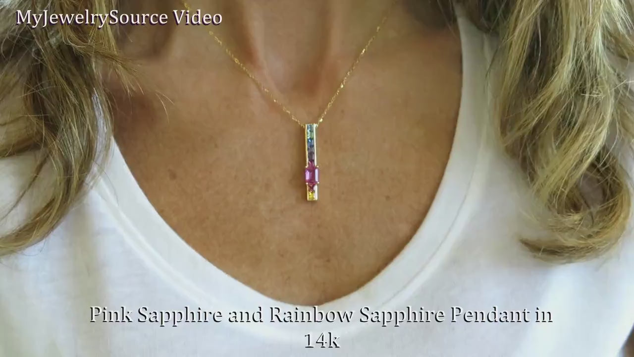 Natural Princess Cut Multicolor Rainbow Sapphire Line Stick Pendant in solid 14k yellow gold for sale (SSP-5025)