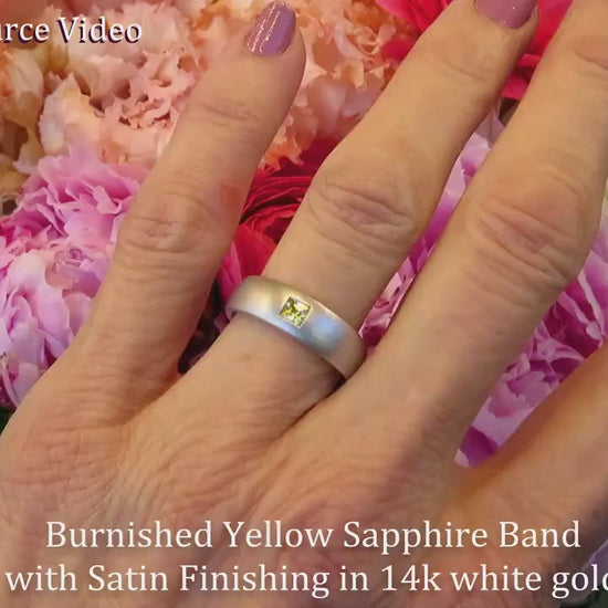 Natural Yellow Sapphire Wedding Band in 14k White Gold with a Princess Cut Sapphire (YR-116)