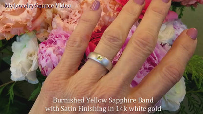 Natural Yellow Sapphire Wedding Band in 14k White Gold with a Princess Cut Sapphire (YR-116)