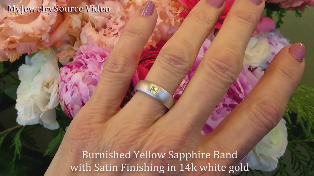 Natural Yellow Sapphire Wedding Band in 14k White Gold with a Princess Cut Sapphire (YR-116)