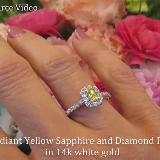 Natural Radiant Cut Yellow Sapphire Engagement Ring - Diamond Halo in 14k White Gold Setting (SYR-118)