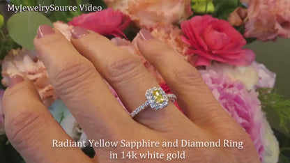 Natural Radiant Cut Yellow Sapphire Engagement Ring - Diamond Halo in 14k White Gold Setting (SYR-118)