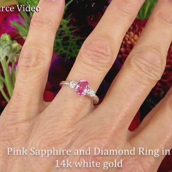 Natural Oval Pink Sapphire Three Stone Engagement Ring in Real 14k White Gold (SSR-5835)