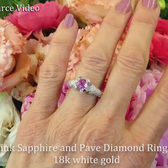 Natural 1 carat Round Pink Sapphire and Pave Set Diamond Ring in 18k White Gold for sale (SSR-5281)