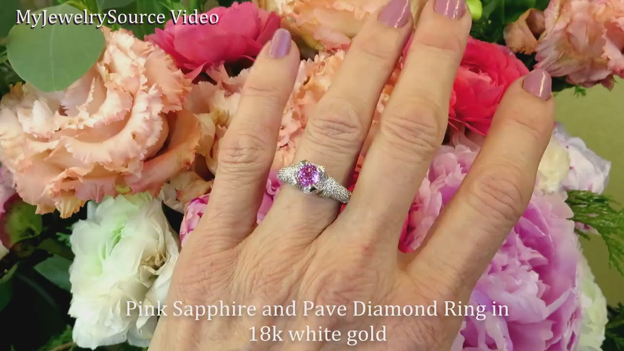 Natural 1 carat Round Pink Sapphire and Pave Set Diamond Ring in 18k White Gold for sale (SSR-5281)