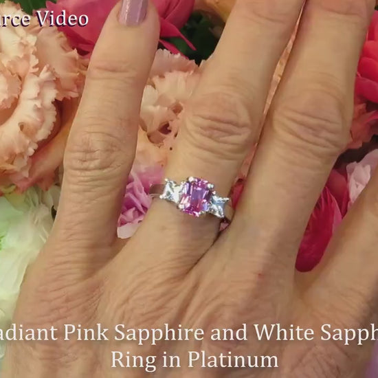 Radiant Cut Natural Pink Sapphire and Princess Cut White Sapphire Engagement Ring in Platinum (PR-137)