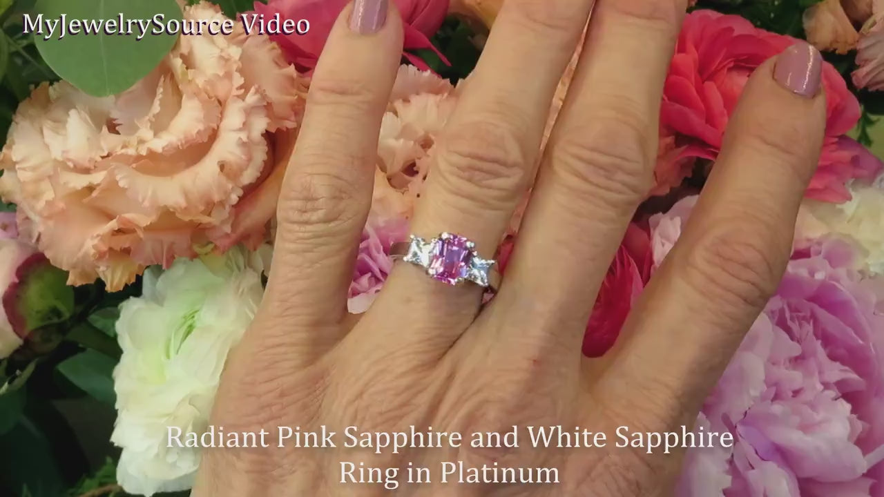Radiant Cut Natural Pink Sapphire and Princess Cut White Sapphire Engagement Ring in Platinum (PR-137)