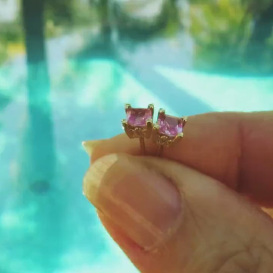Princess Cut Natural Pink Sapphire Solitaire Earrings in 14k yellow gold (SSE-5104)