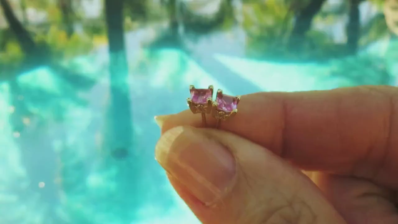 Princess Cut Natural Pink Sapphire Solitaire Earrings in 14k yellow gold (SSE-5104)