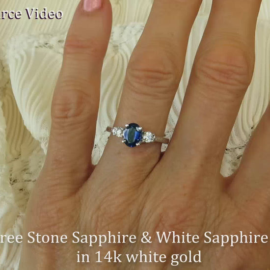 Natural Blue and White Sapphire Three Stone Ring in 14k white gold (SSR-5837-WS)