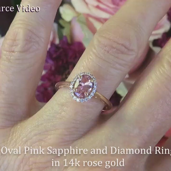 Oval Ceylon Pink Sapphire and Diamond Halo Ring in 14k rose gold (PR-140)